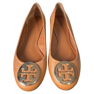 WORN ONCE Tory Burch‎ Caramel Tan Pebbled Leather Designer ballet flats sz 5.5 M